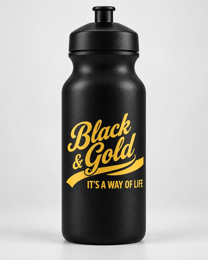 Black & Gold — It's a Way of Life 20 oz black sports bottle with gold design